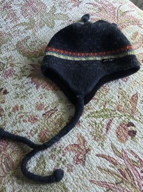 Jytte Navy Earflap Knit Wool Hat with Rainbow Stripe